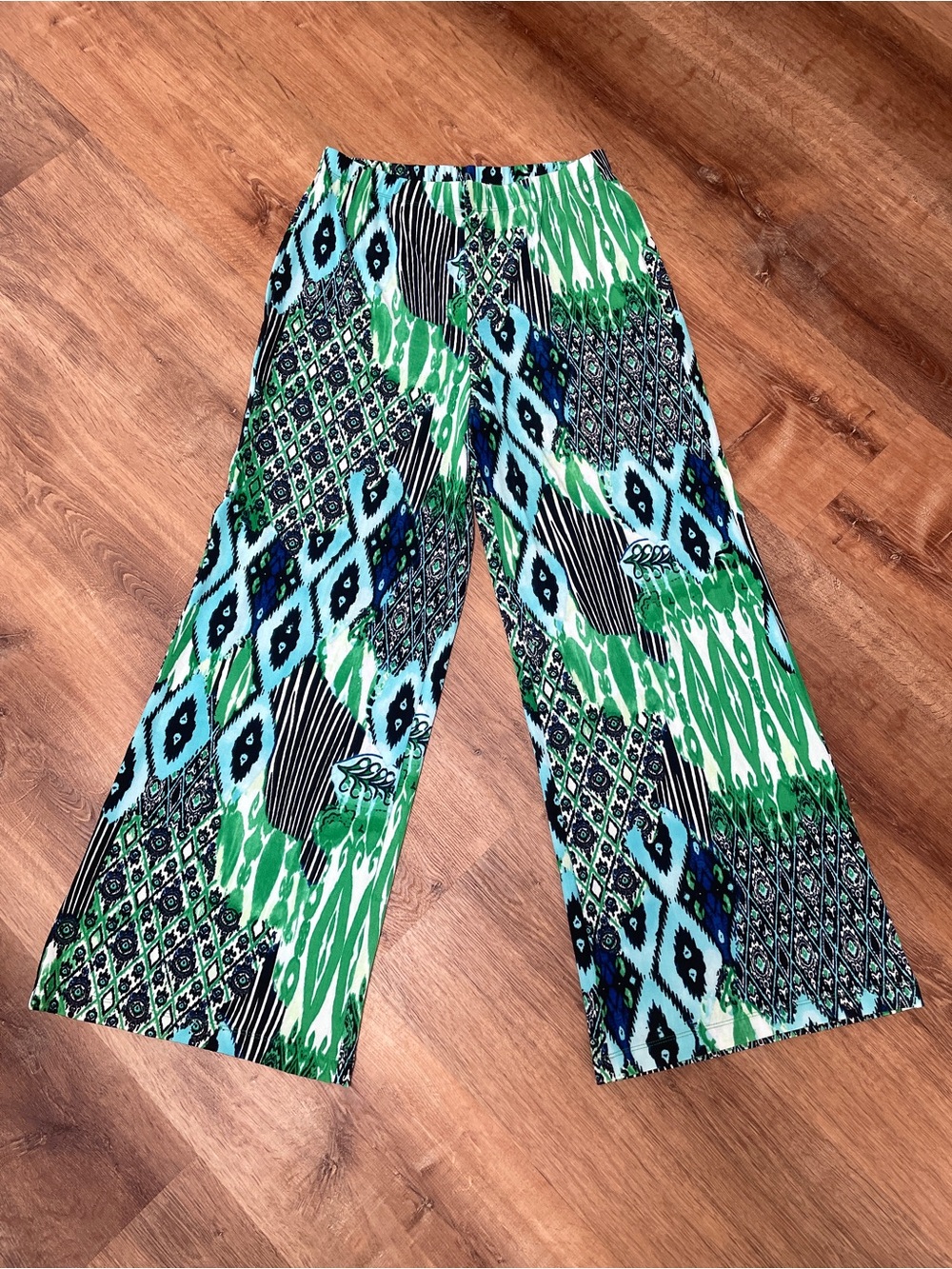Chicos Travelers Womens Wide Leg Slinky Pants Medium Ikat Boho Green Blue